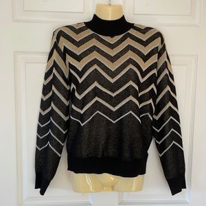 YAL New York Sweater Mock Turtleneck Black Gold Zigzag Size M